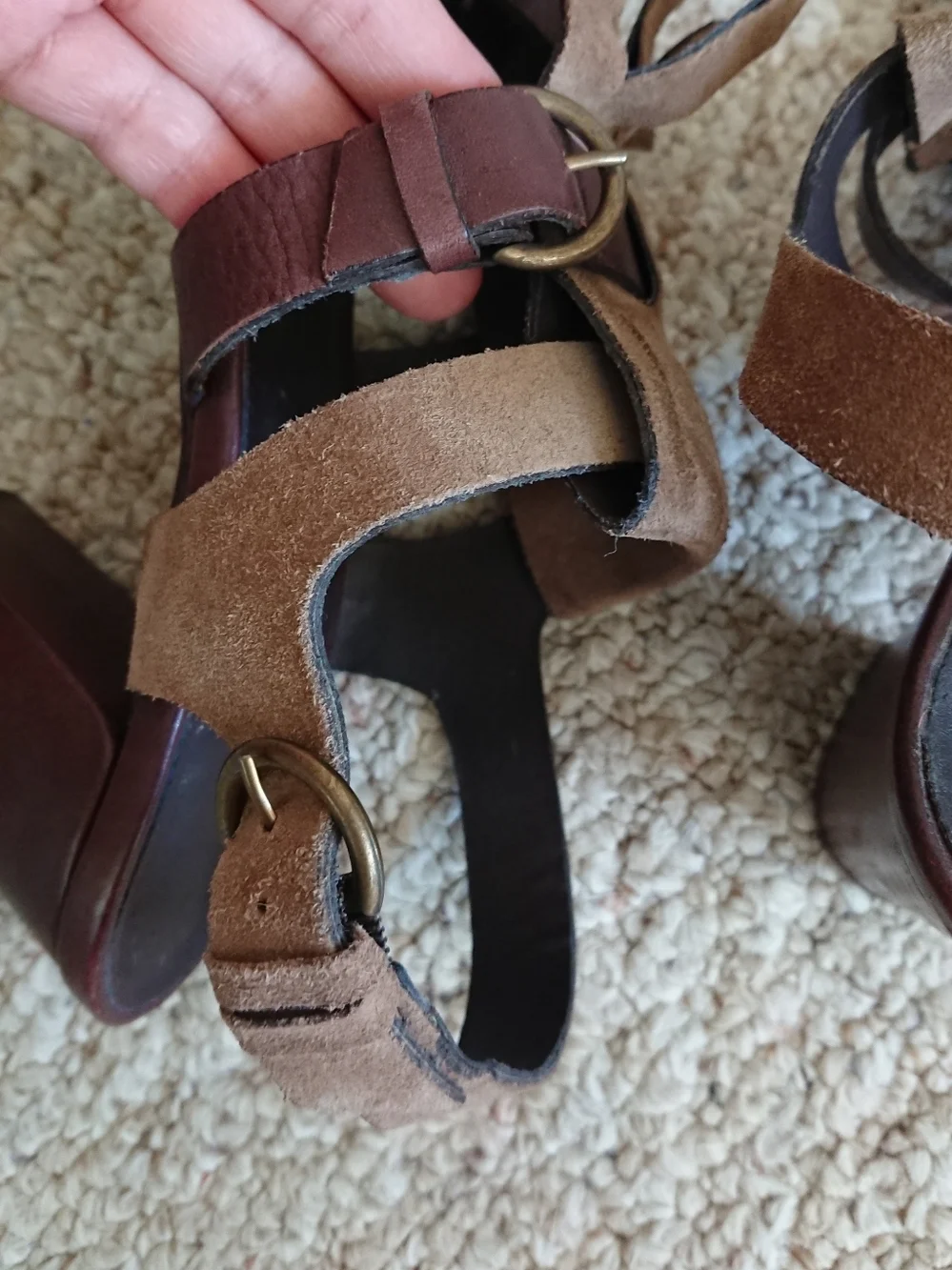 MINELLI Brown Leather with Suede fringe strap Block Heel Sandals size 8
